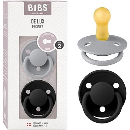 BIBS Pacifiers - De Lux Collection | BPA-Free Baby Pacifier | Made in Denmark | Set of 2 Cloud/Black Color Premium Soothers | Size 6-18 Months