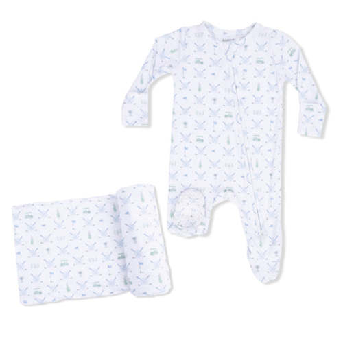 Golf Trellis Blue - 2 Way Zipper Footie & Swaddle Blanket