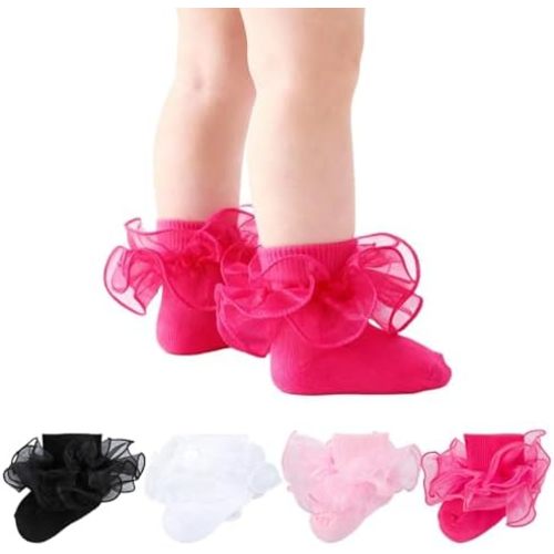 Baby Girls Ruffle Socks Double Layer Lace Turn Cuff Dress Socks