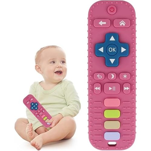 Baby Teether Toy for Babies 0-24 Months TV Remote Control Shape Chew Toy Teething Relief Baby Toys for Infants (Rose red)