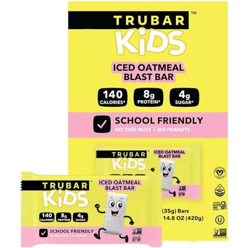 TRUBAR Kids Protein Bars, Iced Oatmeal Blast, Plant Based Protein, Gluten Free School-Friendly Snacks for Lunchboxes, Tree Nut and Peanut Free, Low Sugar, Healthy On the Go Snack Bars, 12 Count
