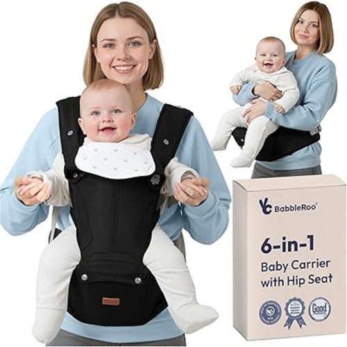 BabbleRoo 6-in-1 Baby Carrier with Hip Seat, Ergonomic Newborn to Toddler Carrier 7–50 lbs, Front Back Hip Carry, Lumbar Support, Sun Hood, Safety-Certified, Black