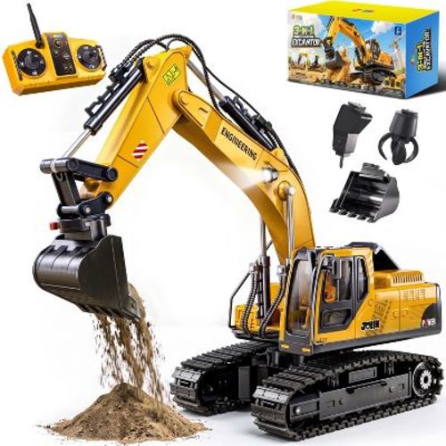 Joyfy 3-in-1 Remote Control Excavator Toy for Boys, 11-Channel Metal RC Construction Truck with Lights, Christmas Birthday Gift for Kids Ages 3-7