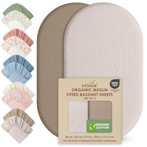 100% Organic Cotton Muslin Baby Bassinet Baby Sheet 33 X 17 Inch Soft Breathable Lightweight Stretchable Bed Sheet 2 Pack Gentle On Skin Durable Snug Fit Sheet for Newborn Bassinet Mattress