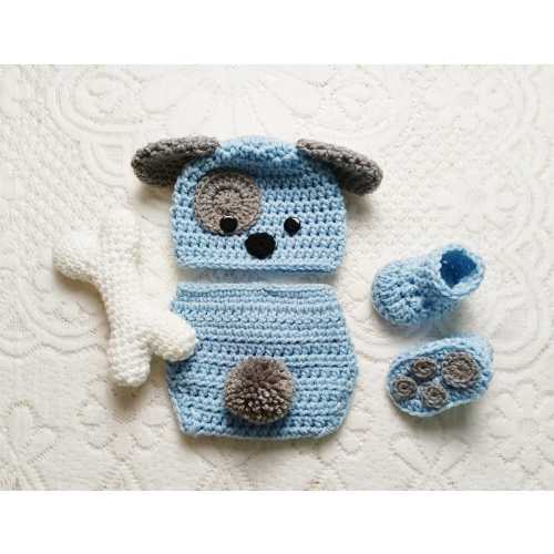 Crochet Baby Puppy Hat and Diaper Cover, Newborn Photo Prop, Halloween Costume, Dog Bone Toy, Baby Shower Gift, Crochet Baby Hat