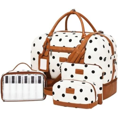 Wogarl 4PCS Weekender Bags for Women Large Overnight Weekend Travel Duffel Carry on Shoulder with Shoe Compartment Canvas Toiletry Bag for Travel Business Gym