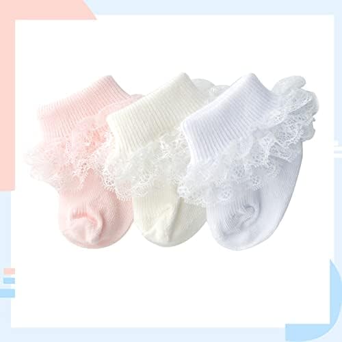 Baby Girl Socks Eyelet Triple Lace Ruffle Socks Turn Cuff Socks 2/3/5 Pairs Ankle Dress Sock for Newborn Infant Toddler