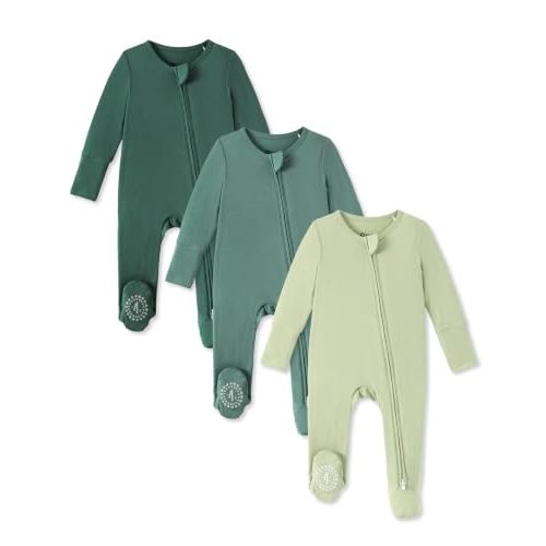 PATPAT 3 Pack Bamboo Viscose Baby Footed Pajamas with Anti-Grips, NB-2T | Fold-Over Mittens, 2-Way Zipper, Super Soft Fiber, Stretchy and Breathable