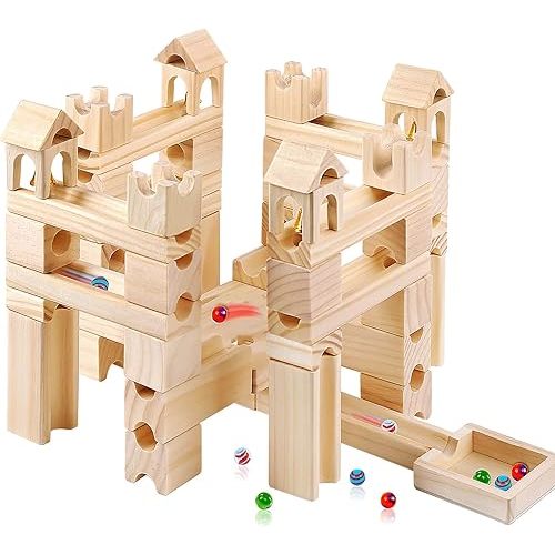 Wooden Marble Run for Kids Ages 4-8 – 80 Pieces Marble Rush Track Maze Construction Toy, STEM Building Blocks, Educational Gift for Boys & Girls