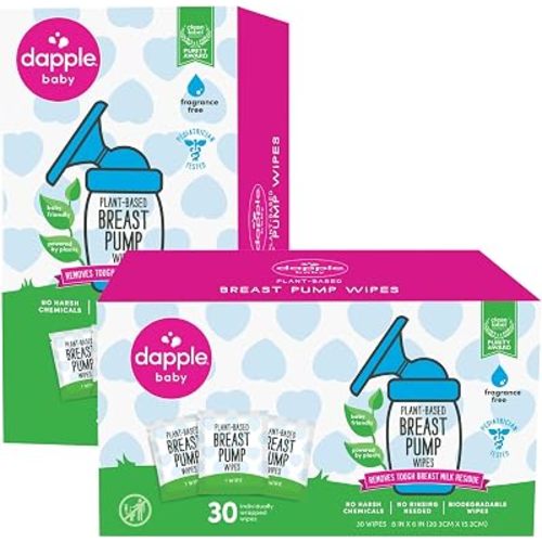 Breast Pump Wipes by Dapple Baby, Hypoallergenic & Powered by Plants, Removes Milk Residue, Leaves No Taste, Singles, Fragrance Free, 30 Count (Pack of 1)