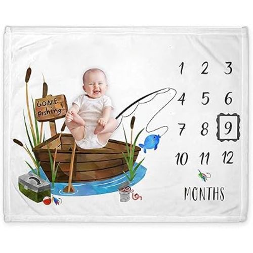 Popfavors Fishing Baby Monthly Milestone Blanket, Gone Fishing Baby Boy Growth Chart Milestone Photo Blanket, Fishing Boat Newborn, Includes Marker (50x40)