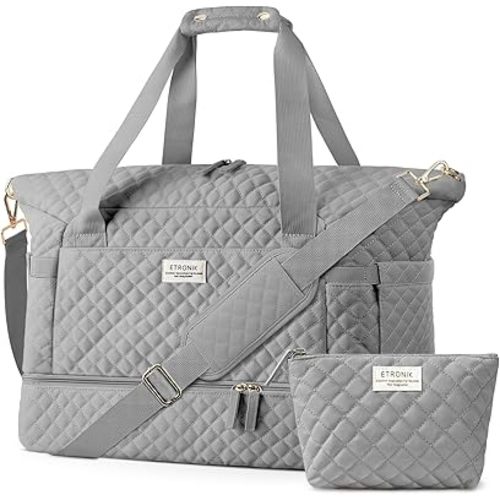 ETRONIK Travel Bag for Women, Gym Duffel Bag with USB Charging Port, Weekender Overnight Bag with Wet Pocket and Shoes Compartment for Women Travel Gym Daily Use (Grey)