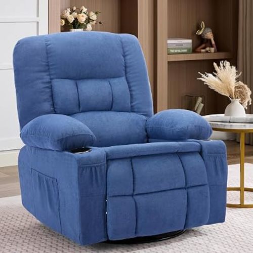 Oversized Swivel Rocker Recliner Chair with Massage & Heat,Nursery Rocking Chairs for Living Room,Recliner Chair for Adults,Ergonomic Relining Chair with Cup Holders,USB Charge Port,Side Pockets,Blue