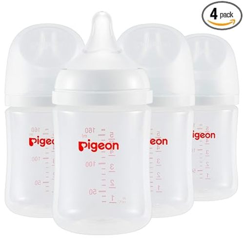 Pigeon PP Nursing Bottle Wide Neck, Anti-Colic, Streamlined Body, Natural Feel, Easy to Clean, 5 Oz (Pack of 4), Includes 4pcs SS Nipples (0m+)