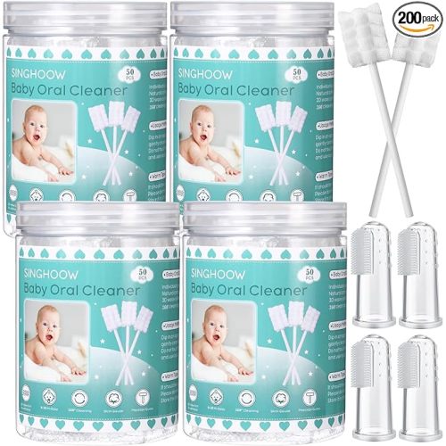 200 Pieces Baby Tongue Cleaner Disposable Infant Oral Cleaner with 4 Pieces Finger Toothbrush Soft Gauze Baby Mouth Newborn for Tooth Mouth Dental Care(Blue)