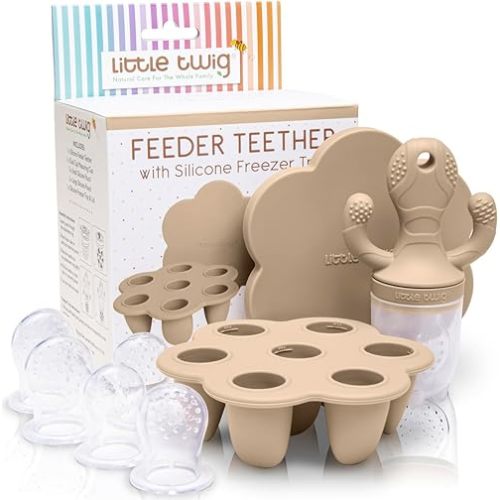 Little Twig Baby Fruit Feeder Pacifier Teether | Baby Food Freezer Tray w/Lid | BPA Free Silicone Freezable Teether | Feeding Set for Breast Milk Ice Cubes, Baby Food, Vegetable Fruit Purees (Ginger)