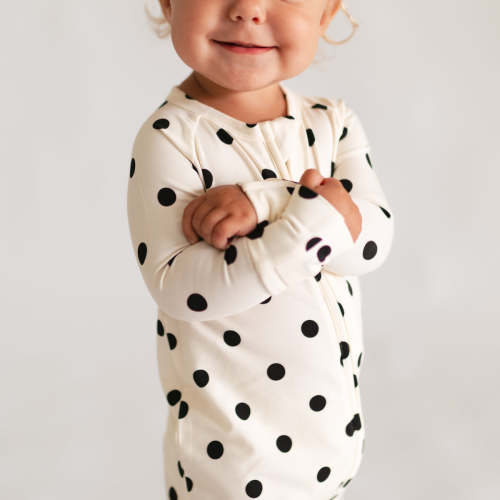 Infant Romper in Cream & Black polka dot