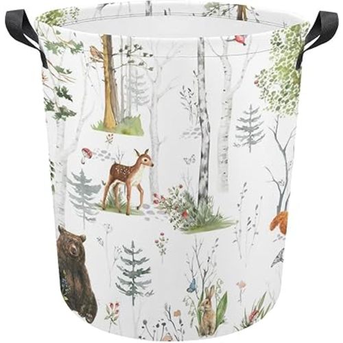 Woodland Animals Laundry Basket,Collapsible Clothes Hamper Waterproof Forest Fox Bear Deer Storage Basket with Handle Kids Room Jungle Deer Laundry Hamper with Drawstring