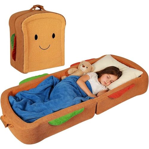 Toddler Travel Bed Sandwich Style - Portable Toddlers Floor Beds, Foldable Soft Foam Travel Crib for Baby and Kid, Washable Cover Toddler Cot with Safety Rail for Travel, Medium Size
