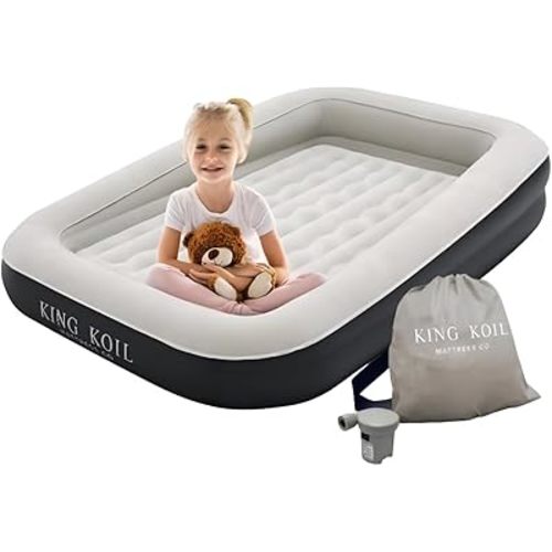 King Koil Luxury Inflatable Toddler Travel Bed with Built-in Safety Bumper, Portable Air Mattress Airbed for Kids Travel, Includes High-Speed Pump - Black