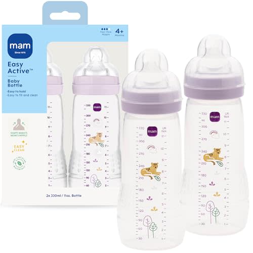 MAM 11oz Natural Flow Active Anti-Colic Baby Bottle, 4+ Mths, 2 Pack | BPA Free, Fast Flow Skin Soft Anti-Colic Silicone Nipple, Anti-Slip Grip, Leak-Proof, Made In Europe, Purple Iris