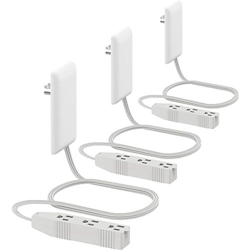 LIDER Flat-Face Outlet Extender with 3 Receptacles, Ultra-Thin Wall Plate Plug with Cord Extender and 3-Outlet Power Strip, 3ft Cord, LWE3-315-W3P, ETL-Listed, White, 3 Pack