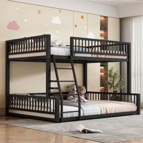 ModernLuxe Full XL over Queen Floor Bunk Bed Frame with Ladder & Safety Guardrails, Detachable Metal Bunk Bed, Black