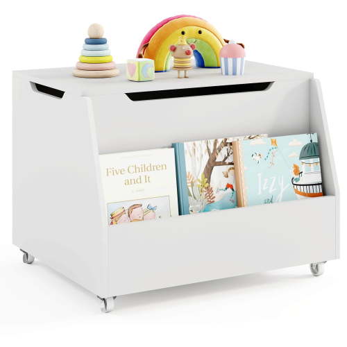 Costway Kids Toy Box Wooden Mobile Toy Storage Organizer with Bookshelf & Lockable Wheels White