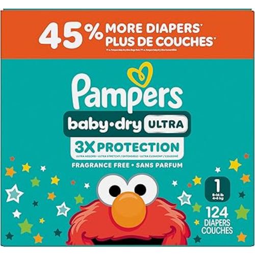 Pampers Baby Dry Ultra Diapers, Size 1, Absorbent Disposable Diapers, 1 Pack (Count of 124)