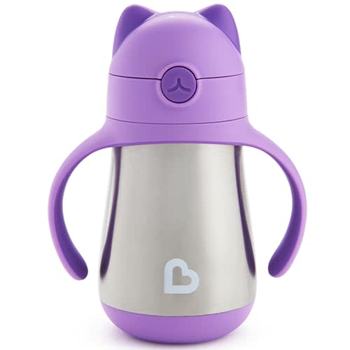 Munchkin Cool Cat Sippy Cup with Straw for Toddlers, Stainless Steel Straw Cup, 8 Ounce, Purple