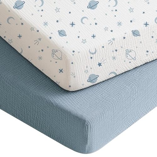 Konssy Muslin Crib Sheets for Boys, Soft Cotton Neutral Baby Sheets for Standard Crib Mattress 2 Pack, 52"x28" (Star,Blue)