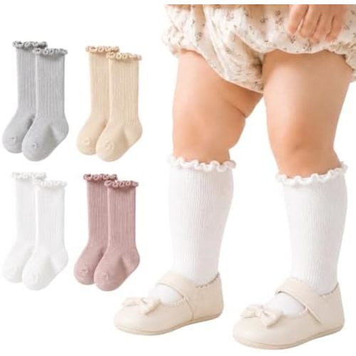 Baby-Girls Ruffle-Knee-High Socks,Soft-Knit-Long-Boot-Stockings 4 Pairs