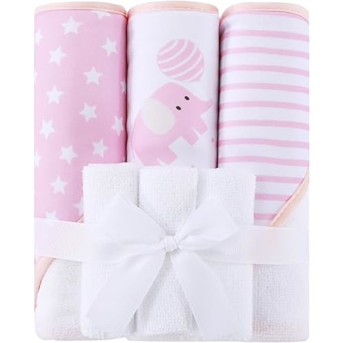 Mooreeke Baby Towel with Hood for Girls Pink Elephant Bath Towel for Babies Ultra Soft Absorbent 3 PCS Baby Towels and 3 PCS Washcloths for Newborn Essentials