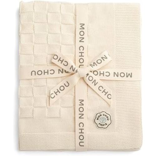 MON CHOU 100% Organic Baby Blanket – Pima Cotton Soft Knit, 30”x37” Breathable Crib & Stroller Throw (Ivory)
