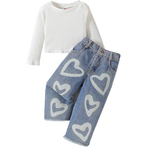 Toddler Girls Clothes 2T 3T 4T 5T 6T Ribbed Baby Kids Girl Denim Outfits Long Sleeve Tops Love Hearts Jeans Pant