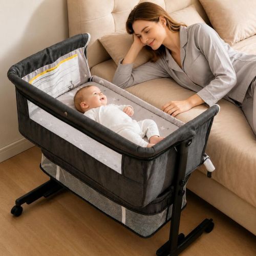 Kmaier Baby Bassinet 3 in 1 Foldable Portable Crib,6 Adjustable Height,with Wheels,Baby Bassinet Rocking-Dark Grey