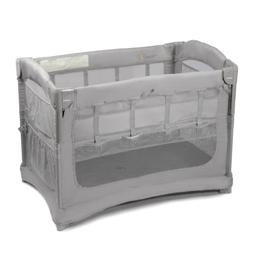 Arm’s Reach Ideal Ezee 3 in 1 Co-Sleeper Folding Bedside Bassinet and Play Yard Featuring Breathable Mesh Sides with Side Pockets for Storage and 4-Inch Sleeping Nest, Gray