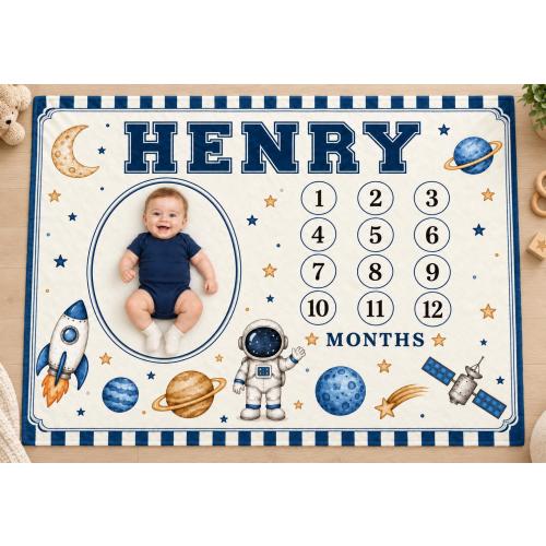 Personalized Baby Boy Milestone Blanket: Custom Name Space Lover Monthly Photo Nursery Throw