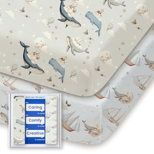 Graco Pack and Play Sheets Fitted, TotBasic Ultra Soft Mini Crib Sheets Boy, Neutral Pack N Play Mattress Sheets Hypoallergenic and Soothing, Premium Jersey Playrad Sheets, 2 Pack