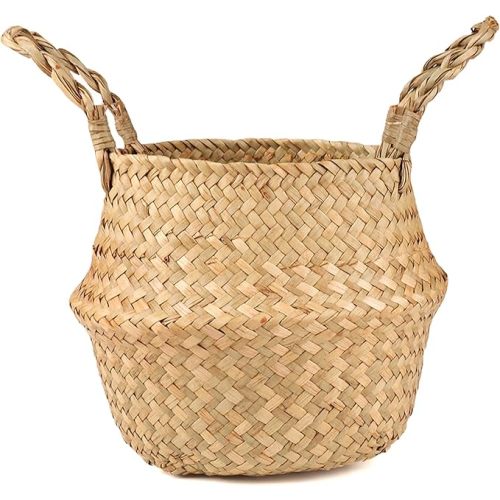 Woven Seagrass Wicker Basket with Handle - Planters for Indoor Plants, Storage & Picnic Basket Organizer, Garden Basket Fits 6-7 Inch Plant Pots & Groceries (Small, Original)