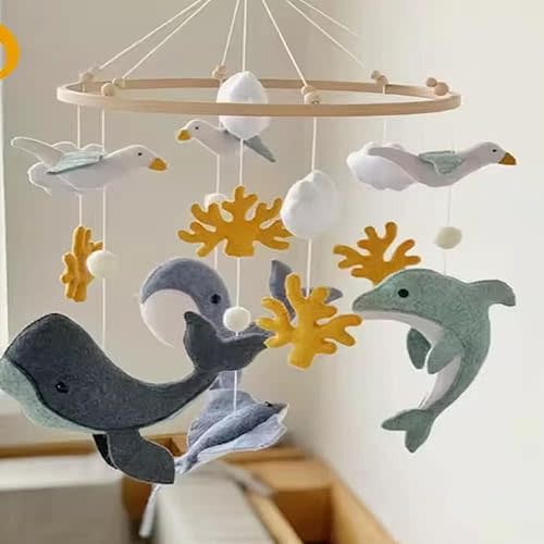 Crib Mobile for Boys Girls, Marine Theme Dolphin Whale Seagull Boho Baby Mobile Gender Neutral Mobile for Baby Nursery Unisex