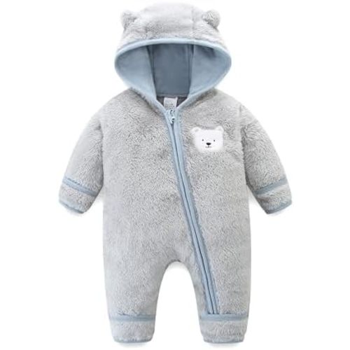 Newborn Baby Fleece Jumpsuit Unisex Infant Bear Hooded Onesie with Mitten Cuffs Winter Warm Snowsuit Outfit