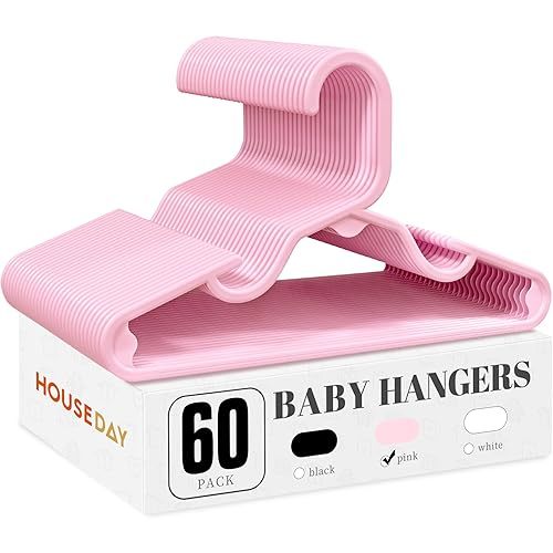 HOUSE DAY Plastic Baby Hangers for Closet 60 Pack, Durable Plastic Kids Hangers for Baby Clothes, Thin & Compact Childrens Hangers, Space Saving Pink Baby Hanger, Small Hanger for Kids Clothes