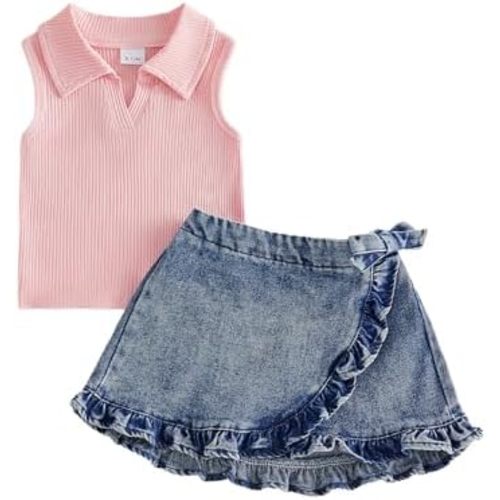 PUHHAPIEY Toddler Baby Girl Skirt Set Long Sleeve Ruffle Knit Shirt Mini Flannel Plaid Skirt Outfit 6 12 18 24 Month 2 3T