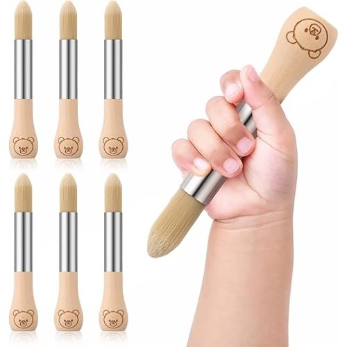 6 Pcs Watercolor Paint Brushes for Toddler Kid Baby Jumbo Brushes with Chubby Wood Handles Easy to Grip Round Paintbrushes Non Toxic Vegan Bristles for Preschool Painting Art Craft (Bear)
