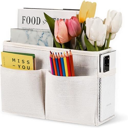 Bedside Caddy White Bedside Hanging Storage Basket Bed Caddy for Headboards Bunk Dorm Rooms Crib Beds Rails Organizer (White)