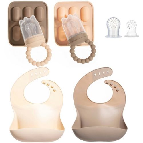 Silicone Baby Fruit Feeders and Baby Bibs Set - First Stage Baby Must-Haves, Gum-Friendly, BPA-Free, Easy to Clean Feeding Accessories for Infants