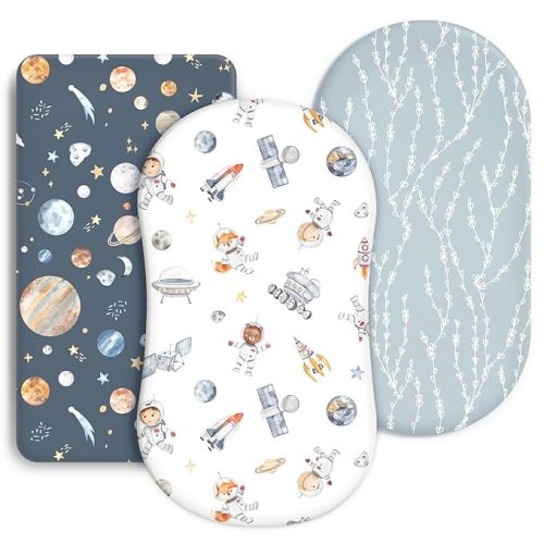GRSSDER Stretchy Ultra Soft Fitted Bassinet Sheets 3 Pack, Universal Fitted for Oval Rectangle Bassinet Mattresses Safe and Snug, Stylish Bassinet Sheet Gender-Neutral Print for Baby