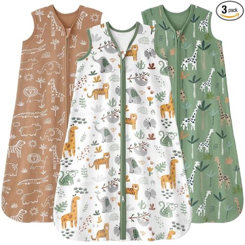 Baby Sleep Sack 6-12 months, 100% Cotton Sleeping Sack for Newborn and Infant, 3 Pack Baby Wearable Blanket for Boy and Girl, 0.5 Tog Lightweight Double Zipper Sleep Bag Green Brown Giraffe