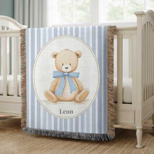 Personalized Teddy Bear Baby Blanket – Woven Nursery Throw, Blue Bow